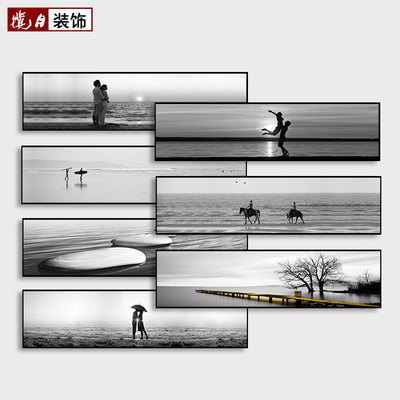 北欧简约黑白海边情侣自然风景装饰画客厅卧室床头画沙滩人物挂画|ru