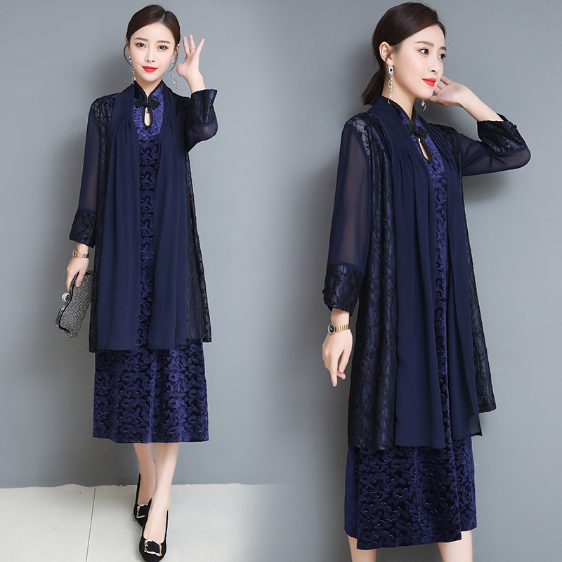 2021年改良旗袍连衣裙 中长款复古披肩外搭两件套金丝绒开衫背心