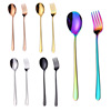 Tableware 304 stainless steel Korean long -handle colorful spoon spoon, titanium plating thickened long handle fork, restaurant hotel tableware