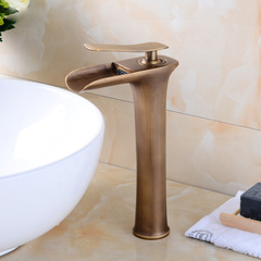 European style full copper antique basin faucet, waterfall single hole above and below counter basin, retro hot and cold faucet