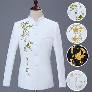 Men's jazz dance host singers chorus stage performance jackets for youth singing groomsman Chinese tunic suit gold embroidered collar wedding dresses suit 