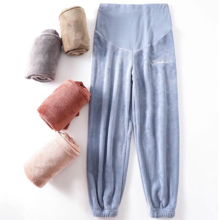 Pregnant women's pants 2022 autumn and winter new warm pants velvet padded coral fleece pregnant women's belly support home pants