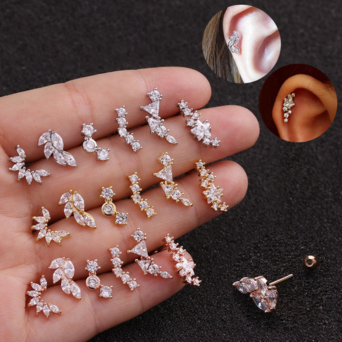 Foreign trade new leaf stainless steel earrings five-pointed star zircon ear bone nail screw earrings cross-border piercing