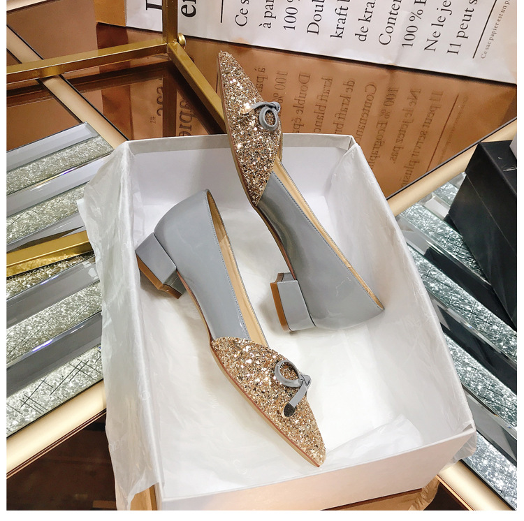 2026 Autumn New Women's Shallow Mouth Single Shoes, Pointed Toe, Color Block, Top Quality Sequin Bow, Mid-Heel, Chunky Heel_vogvips.com