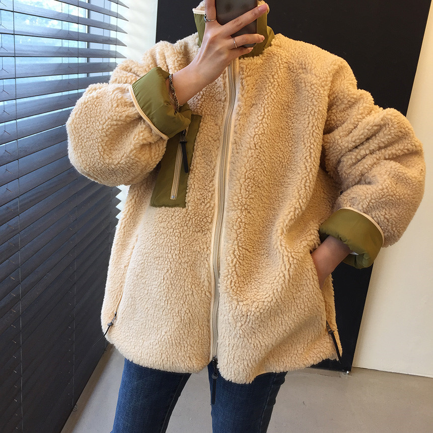 Women's Lamb Wool Coat With Pocket Detail And Stand Collar_voghion.com