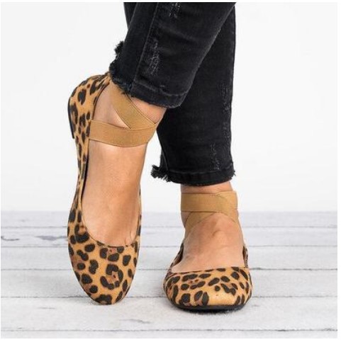 Large Size Shoes Elastic Belt Women Shoes Flat Heel Leopard Print Single Sandals