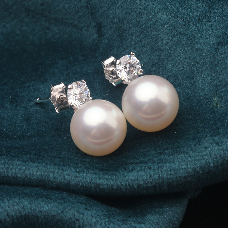 珍珠耳钉带锆石 王妃款耳钉 正圆正品珍珠白色批发支持混批