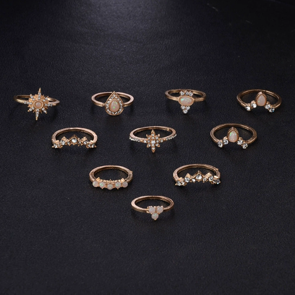 Ethnic Retro Drop-Shaped Ring Set, Alloy with Diamond Accents, Gold, Sizes 1.6 & 1.8 cm