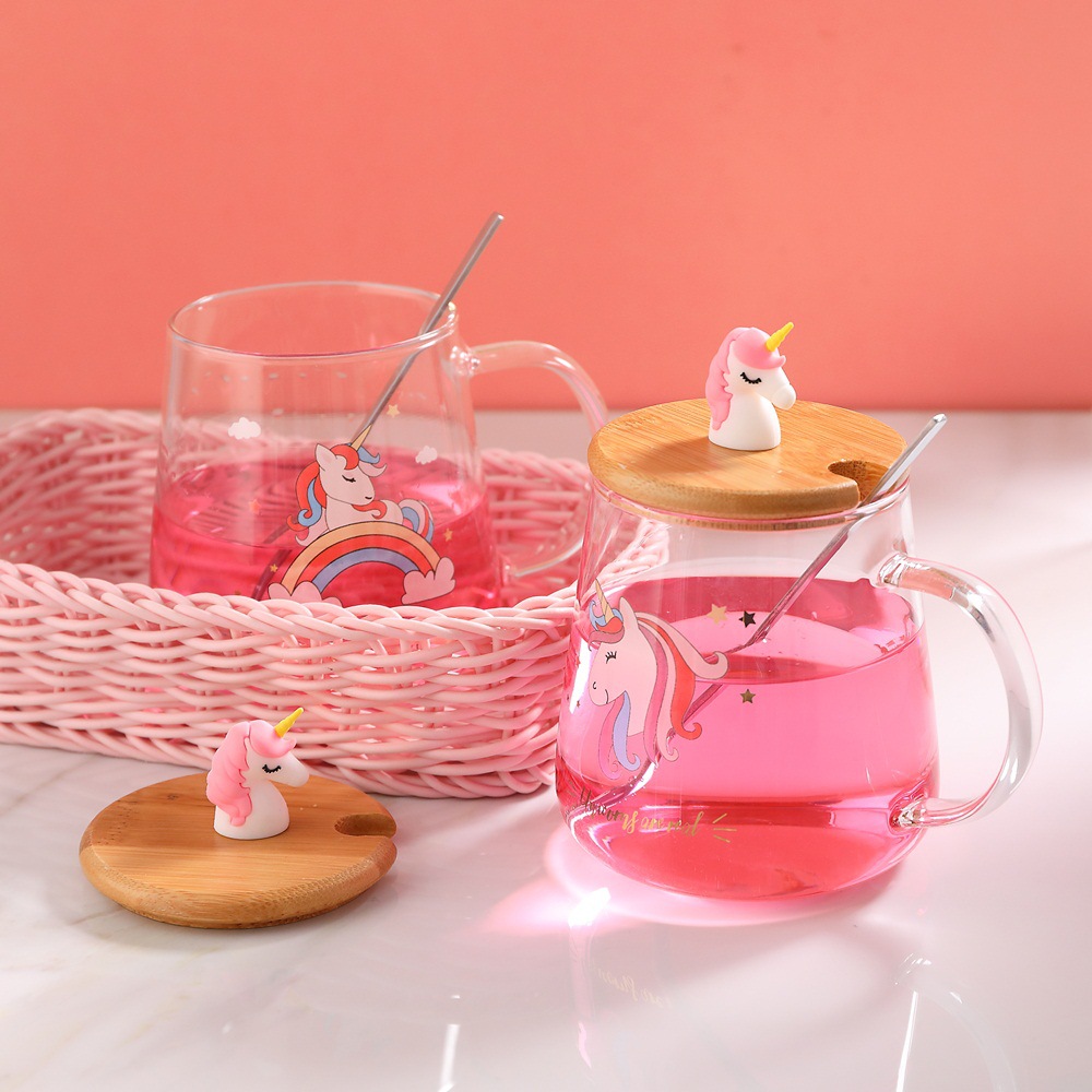 Unicornio personalizado taza transparente con tapa cuchara regalo creativo Oficina lindo beber