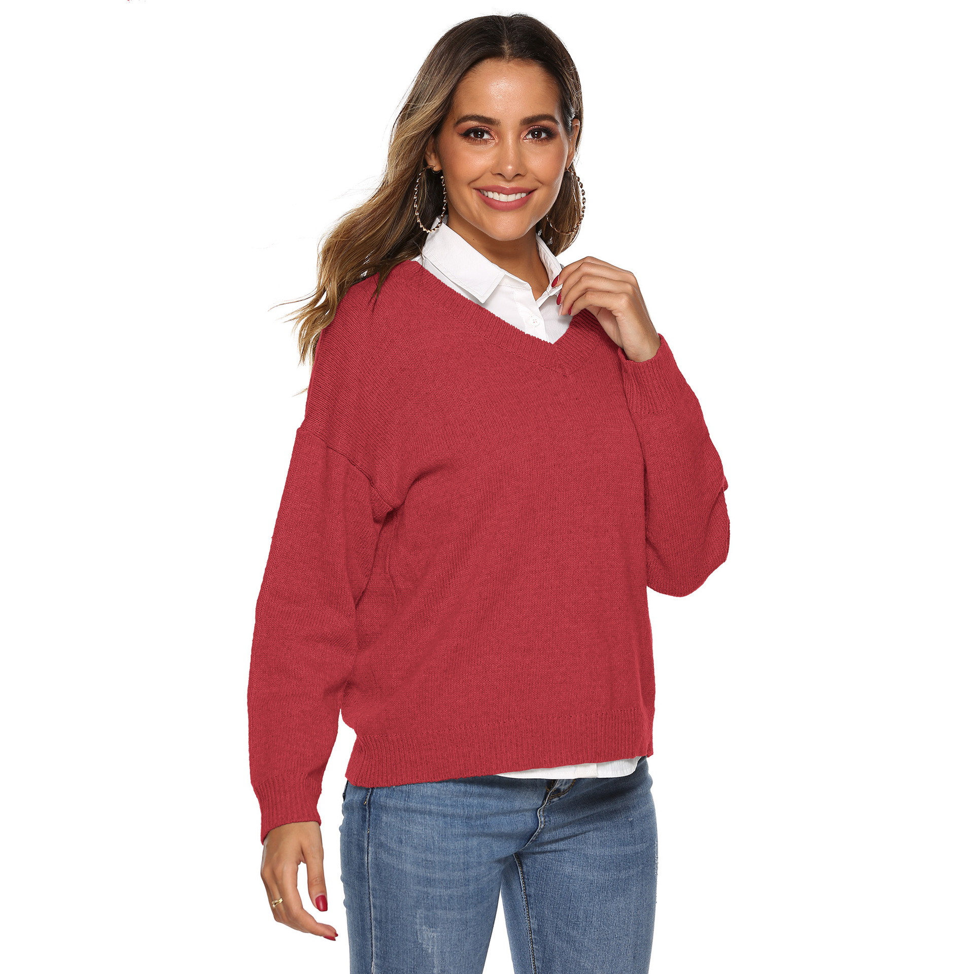 solid color simple woven V-neck pullover  NSOY45997