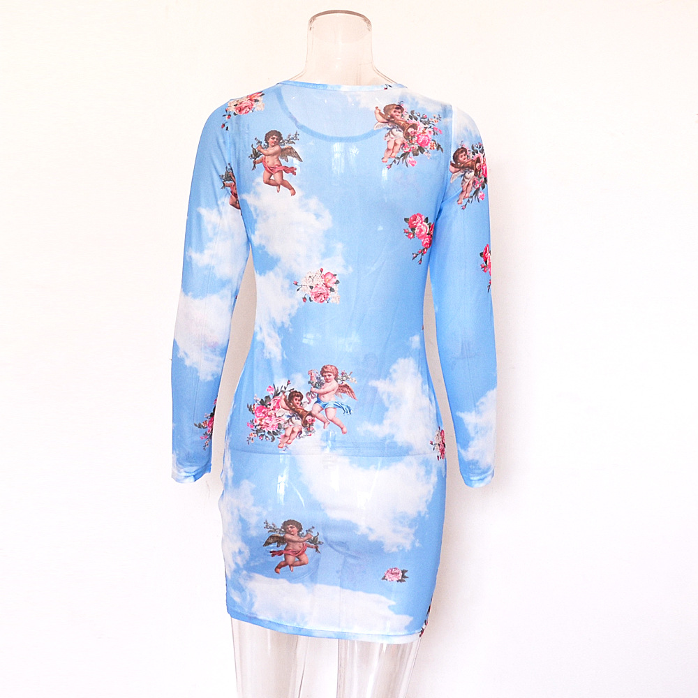 sexy long-sleeved print mesh perspective dress nihaostyles wholesale clothing NSLIH89084