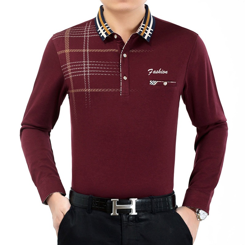 一件代发中年男士长袖T恤衫春秋款翻领打底衫爸爸装宽松大码