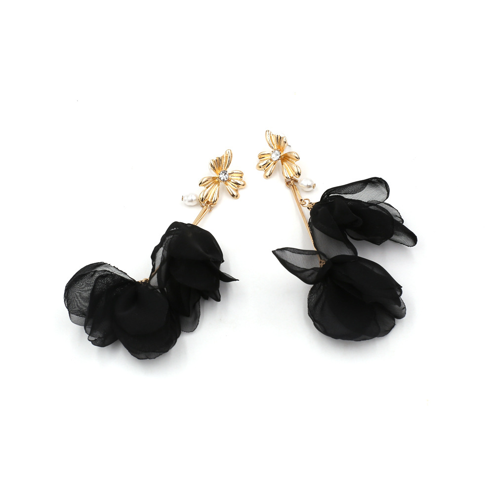 1 Paire Mode Fleur Chiffon Perle Incruster Strass Femmes Boucles D'oreilles display picture 5