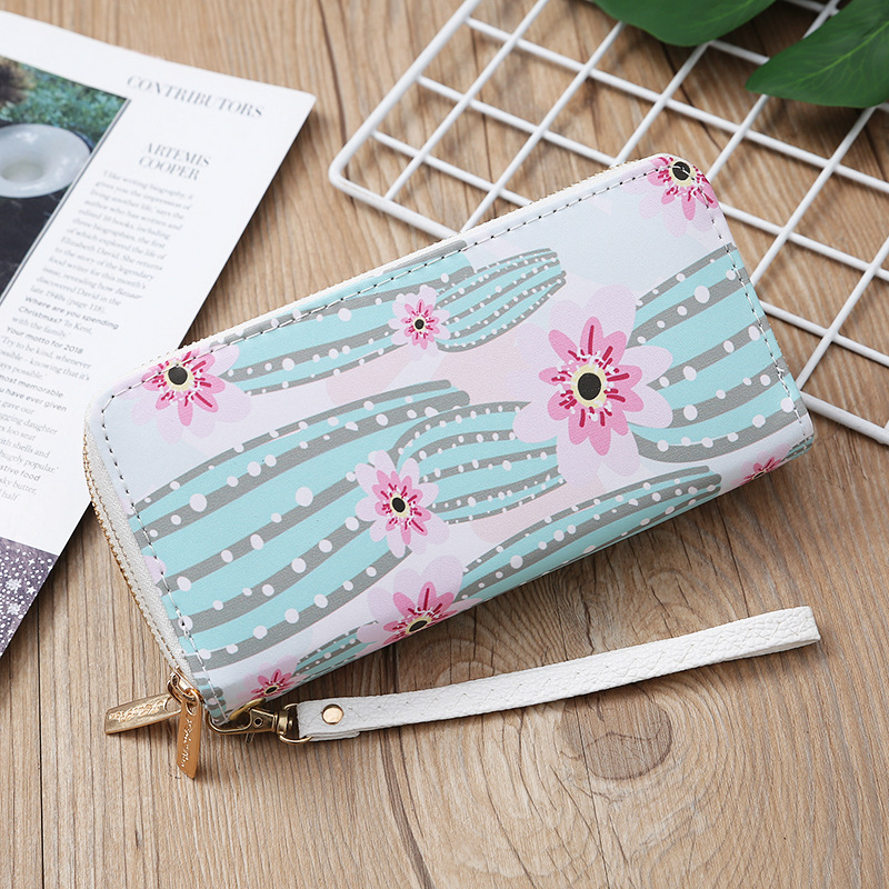 Zipper Closure Type Long Wallet Bags Type Women's Cactus Leaf Flower Pu Leather Zipper Wallets
