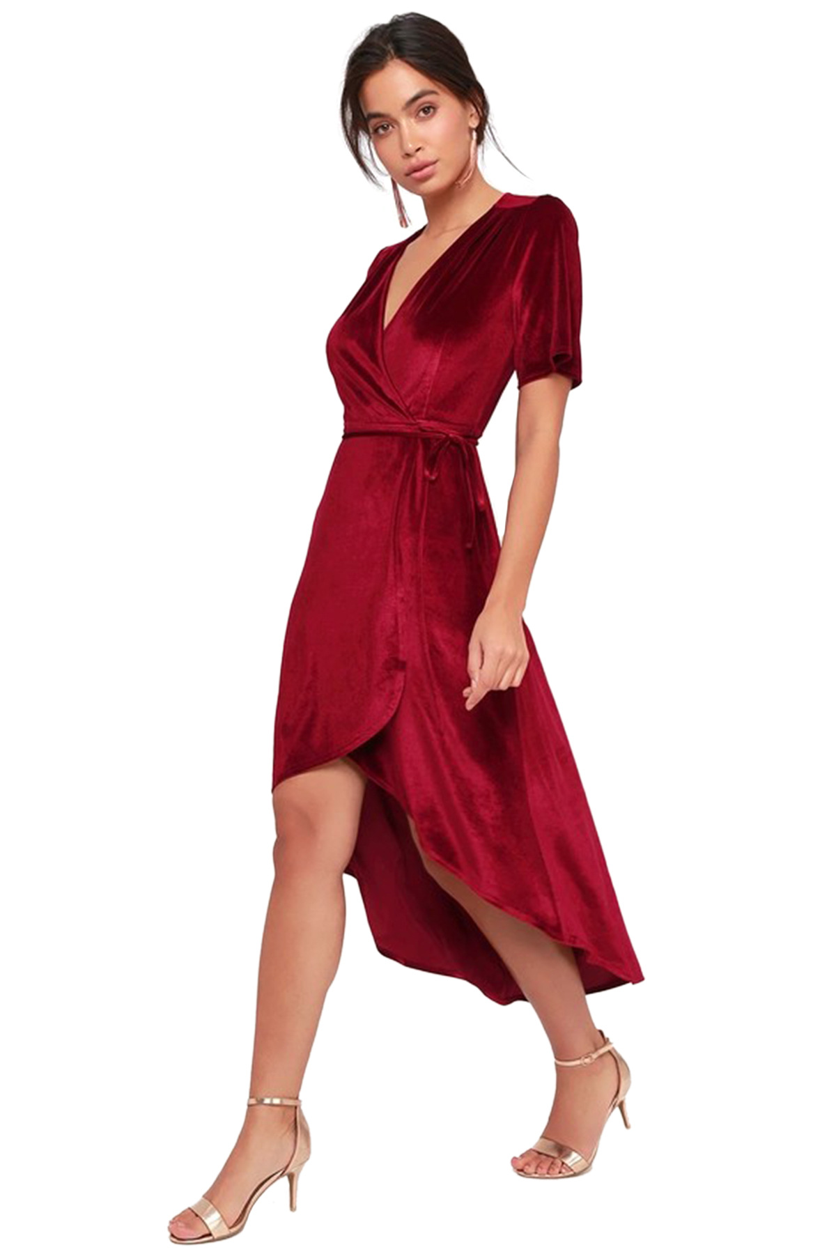 Women Clothing V-neck Dress Velvet Cardigan Lace-up Irregular Asymmetric Dress