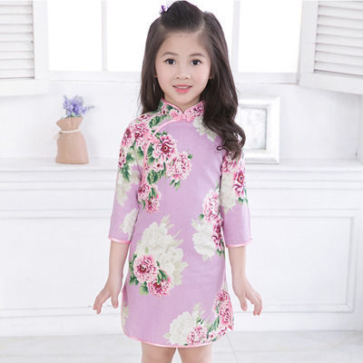 女童春秋款唐裝旗袍裙 中國風亞麻複古改良旗袍連衣裙 兒童旗袍