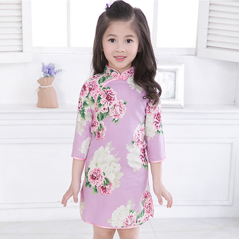 女童春秋款唐裝旗袍裙 中國風亞麻複古改良旗袍連衣裙 兒童旗袍