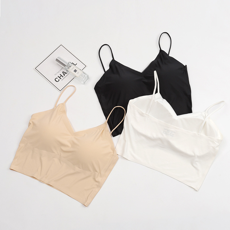 冰丝无痕背心女 中长版细肩带美背V领打底女士背心 7212|ms