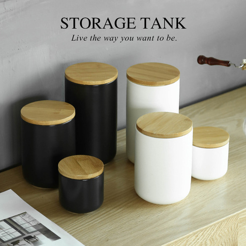 European-style wooden lid ceramic airtight canister kitchen storage jar for grains, food, coffee beans, tea leaves, powdered milk, and sugar.