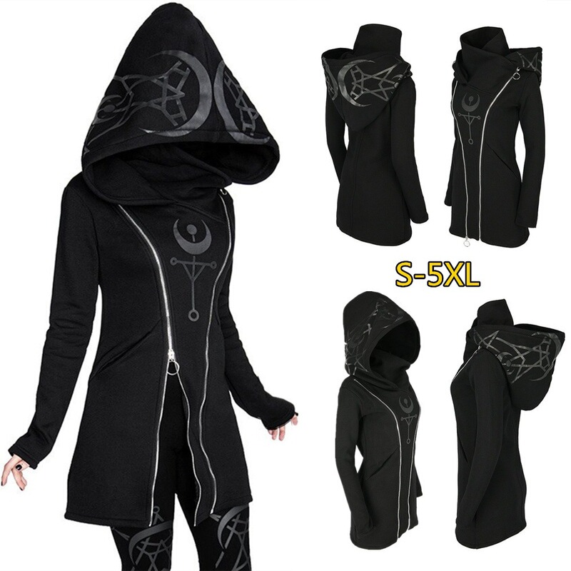 in stock 2019 European and American punk style printed long sleeve hooded double zipper long sweater