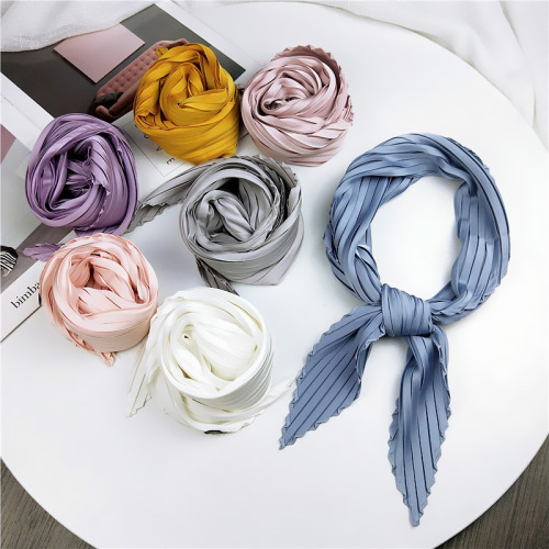 70 solid color pleated rhombus square scarf spring and autumn four seasons literary Korean style Japanese style small silk scarf versatile decorative small scarf for women