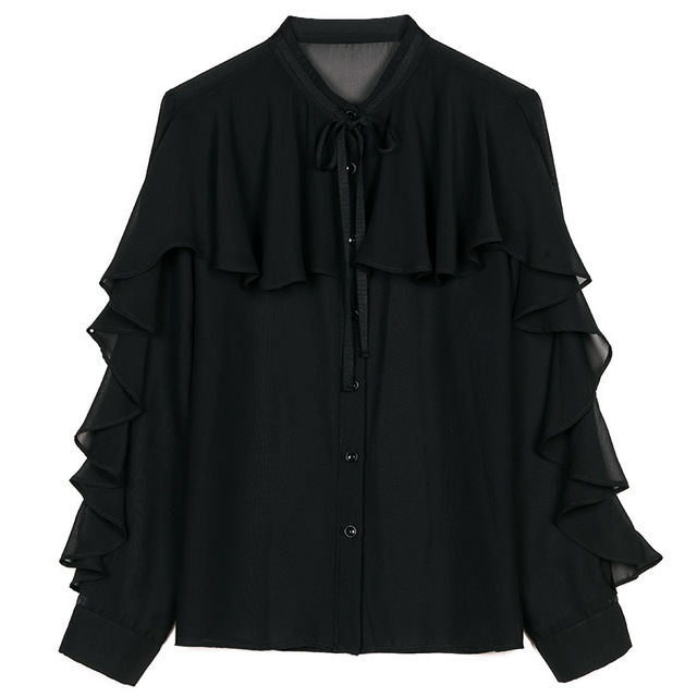 Black perspective shirt women’s light mature fashion western style Ruffle lace up Collar Chiffon Top