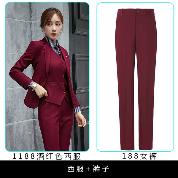 [Female two -piece set] wine red suit+trousers