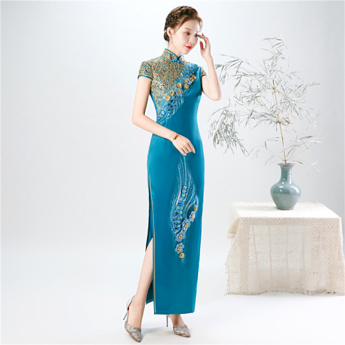 Cheongsam sky blue three dimensional embroidery large stage performance cheongsam national season