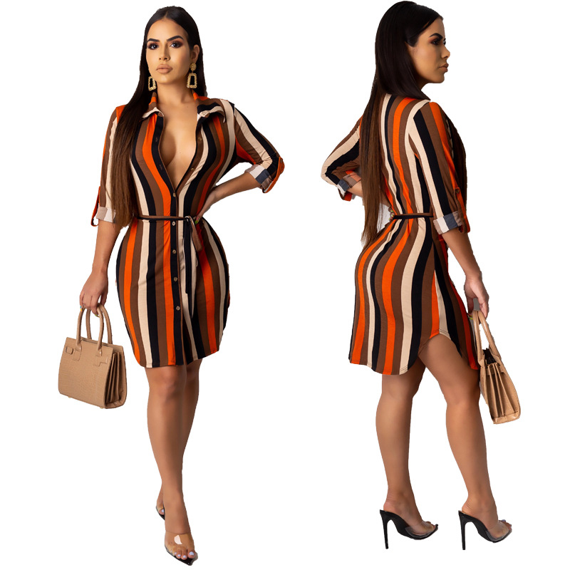 Striped Deep V Mid Sleeve Shirt Dress NSXHX76755