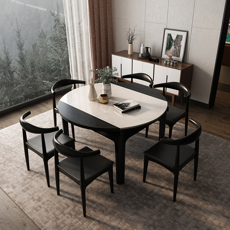 北歐餐桌椅組合客廳樣品房可伸縮折疊大理石餐桌小戶型火燒石飯桌