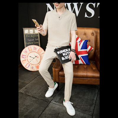 2019 Summer wear Cotton and hemp Short sleeved trousers leisure time suit man Chinese style Large Two piece set Cotton and hemp leisure time