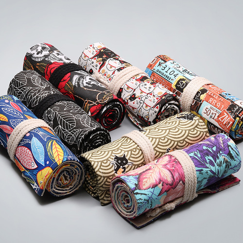 Handmade canvas pen curtain 12/24/36/48/72 holes large-capacity pencil bag for boys and girls colored lead sketch pencil case