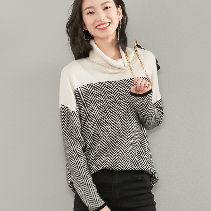2019秋冬新款女装撞色拼接高领毛衣女宽松套头加厚长袖打底羊绒衫|ms