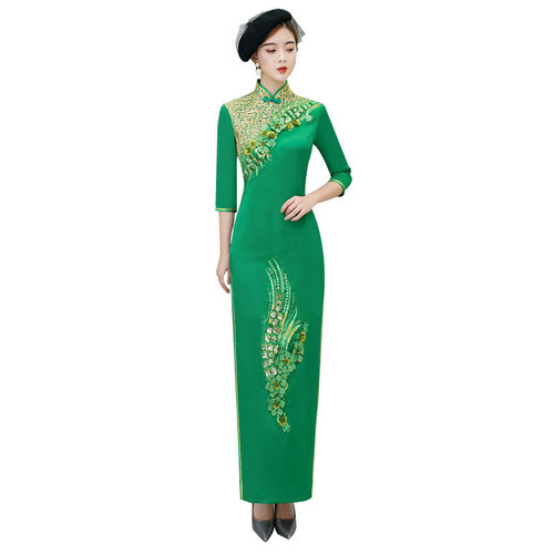 Chinese Dress Qipao for women embroidered cheongsam dress with green sleeves