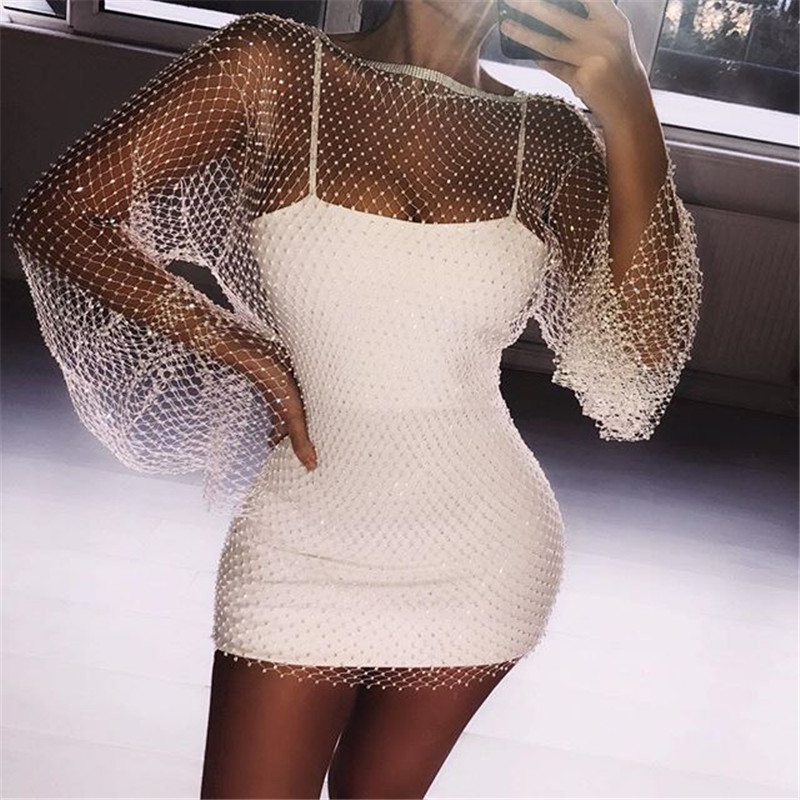 Long Sleeve Mesh Flash Diamond See-Through Dress NSYML109263