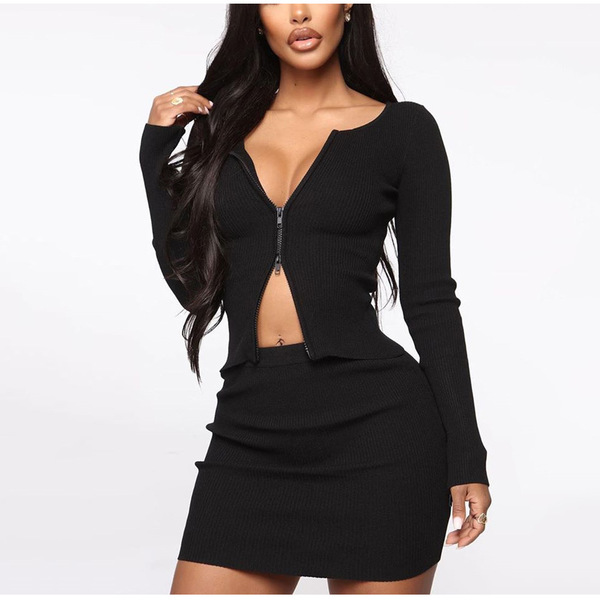 Double zipper pit strip long sleeve top short skirt two piece dress