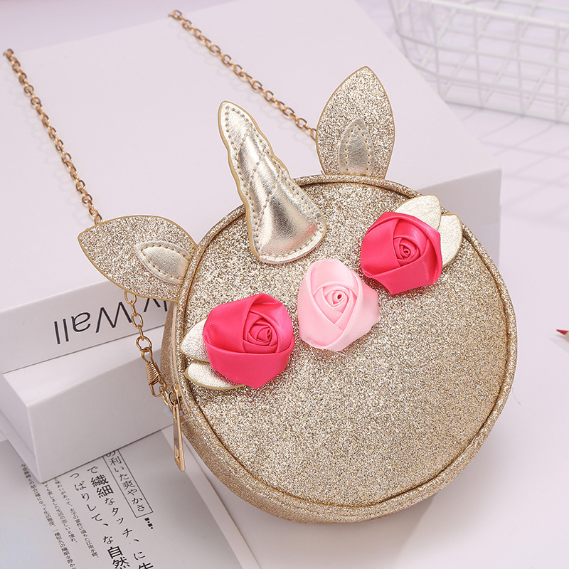 Cadena cross body bolsa redonda unicornio flor un hombro cross body bolsa cremallera cartoon cute detail image 3