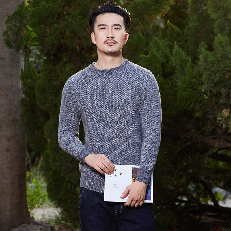 韩版秋冬新款山羊绒男士绒衫圆领提花加厚时尚针织衫羊绒毛衣插肩