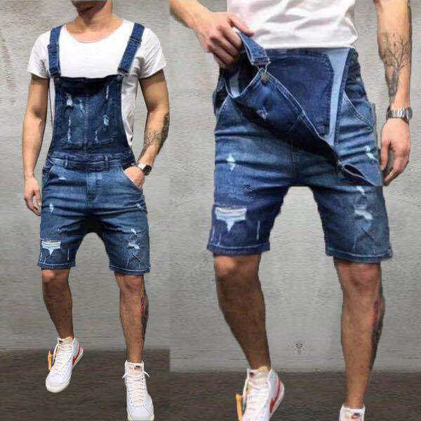 Salopette corta in jeans uomo slim fit con strappi stile denim_voghion.com