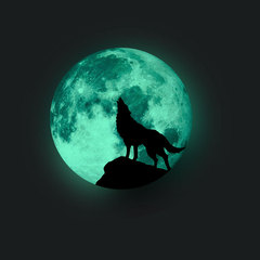 Q001 創意夜光月球牆貼 萬聖節裝飾貼畫熒光貼 夜光狼 自粘牆貼紙
