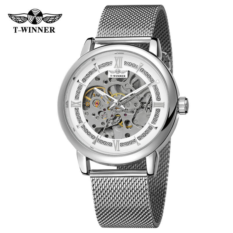 Ganador reloj mecánico automático de los hombres moda hueco transparente Fondo volante Acero inoxidable malla cinturón reloj mecánico B099