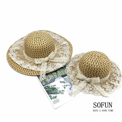 韩国亲子帽草帽女童遮阳沙滩帽防晒渔夫帽子蕾丝海边手工编织儿童