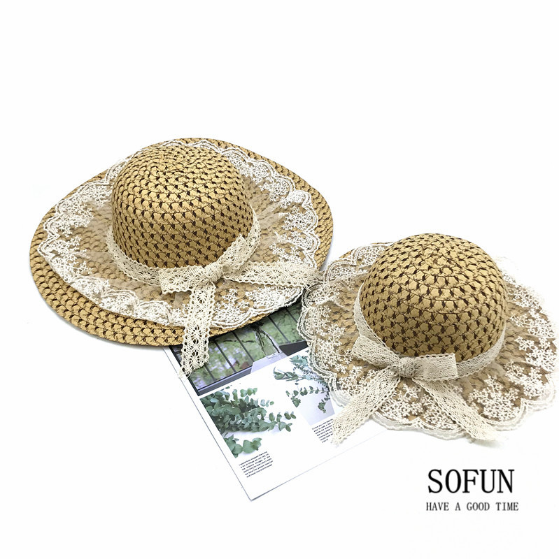 韩国亲子帽草帽女童遮阳沙滩帽防晒渔夫帽子蕾丝海边手工编织儿童