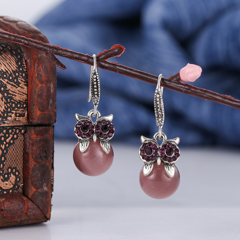 Retro Ethnic Style Diamond-encrusted Opal Owl Alloy Earrings display picture 2