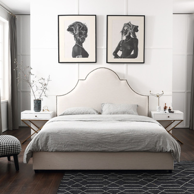 美式轻奢 卧室棉麻软包靠背1.8米双人床 布艺婚庆大床 实木床|ru