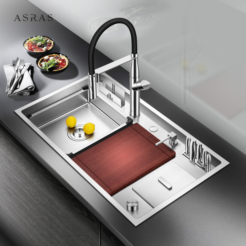 Asas 304 Stainless Steel Handmade Kitchen Sink Single Sink Vegetable Sink Sink with Trash Can Thickened Large Size Asas 304 Stainless Steel Handmade Kitchen Sink Single Sink Vegetable Sink Sink with Trash Can Thickened Large Size
