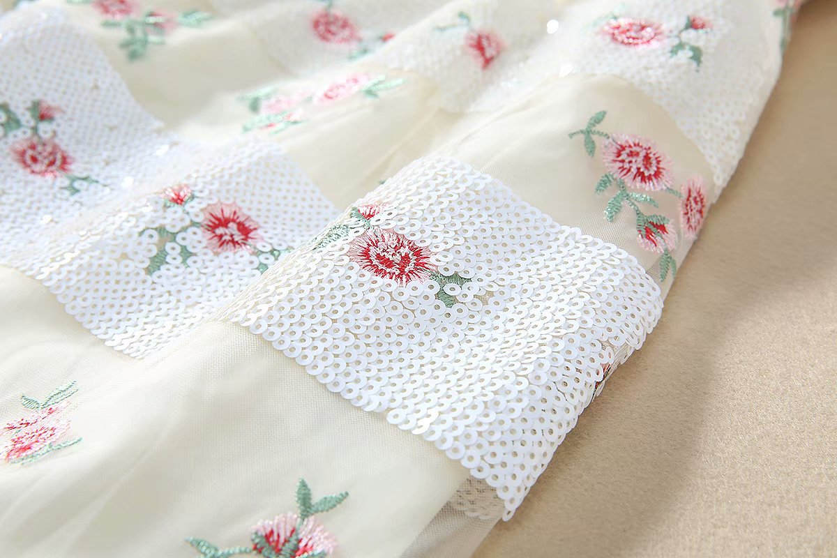 1219-05 珠片绣小花连衣裙码数SMLXL颜色蓝色杏粉色