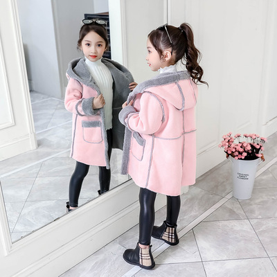 2019冬装童装韩版中大童鹿皮绒连帽单排扣一体毛女童大衣时尚外套|ms