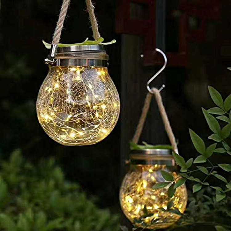 新款太陽能裂紋燈可挂式玻璃罐燈花園戶外裝飾led銅線燈