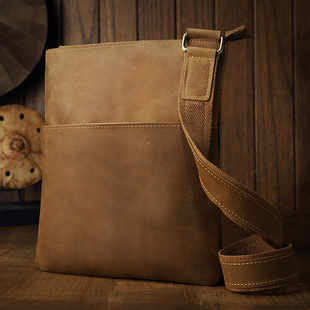 Handmade Crazy Horse Leather Men's Bag Shoulder Bag Men's Cowhide Vertical Simple Vintage Genuine Leather Shoulder Crossbody Bag Men's Backpack Bag